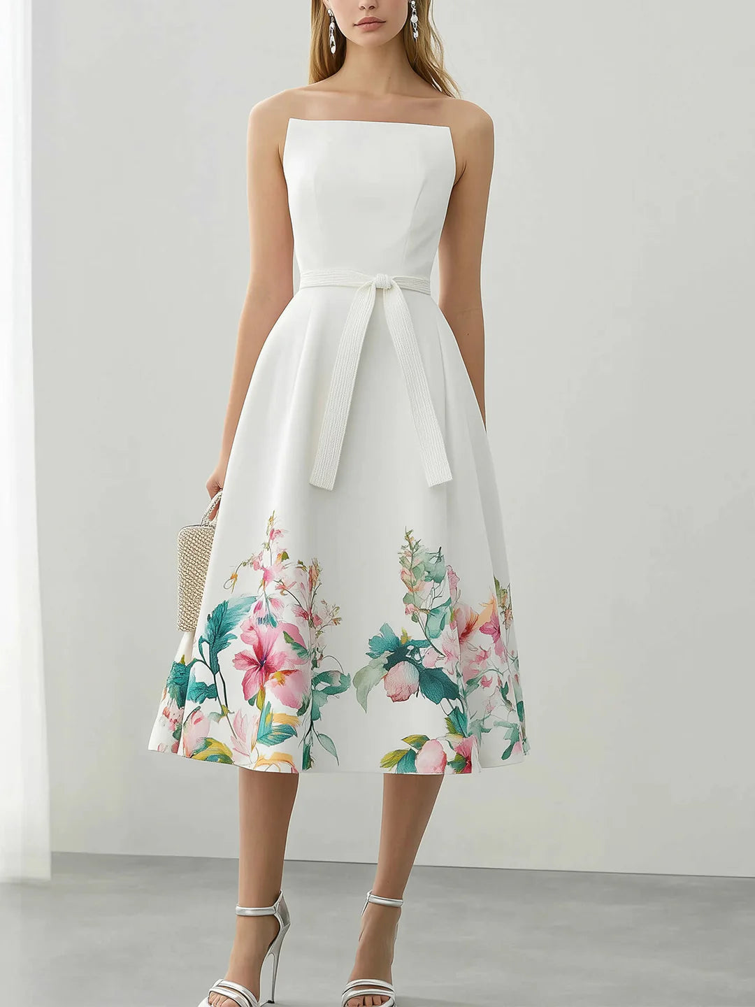 Şık Çiçekli Saten Midi Elbise ve Kemer