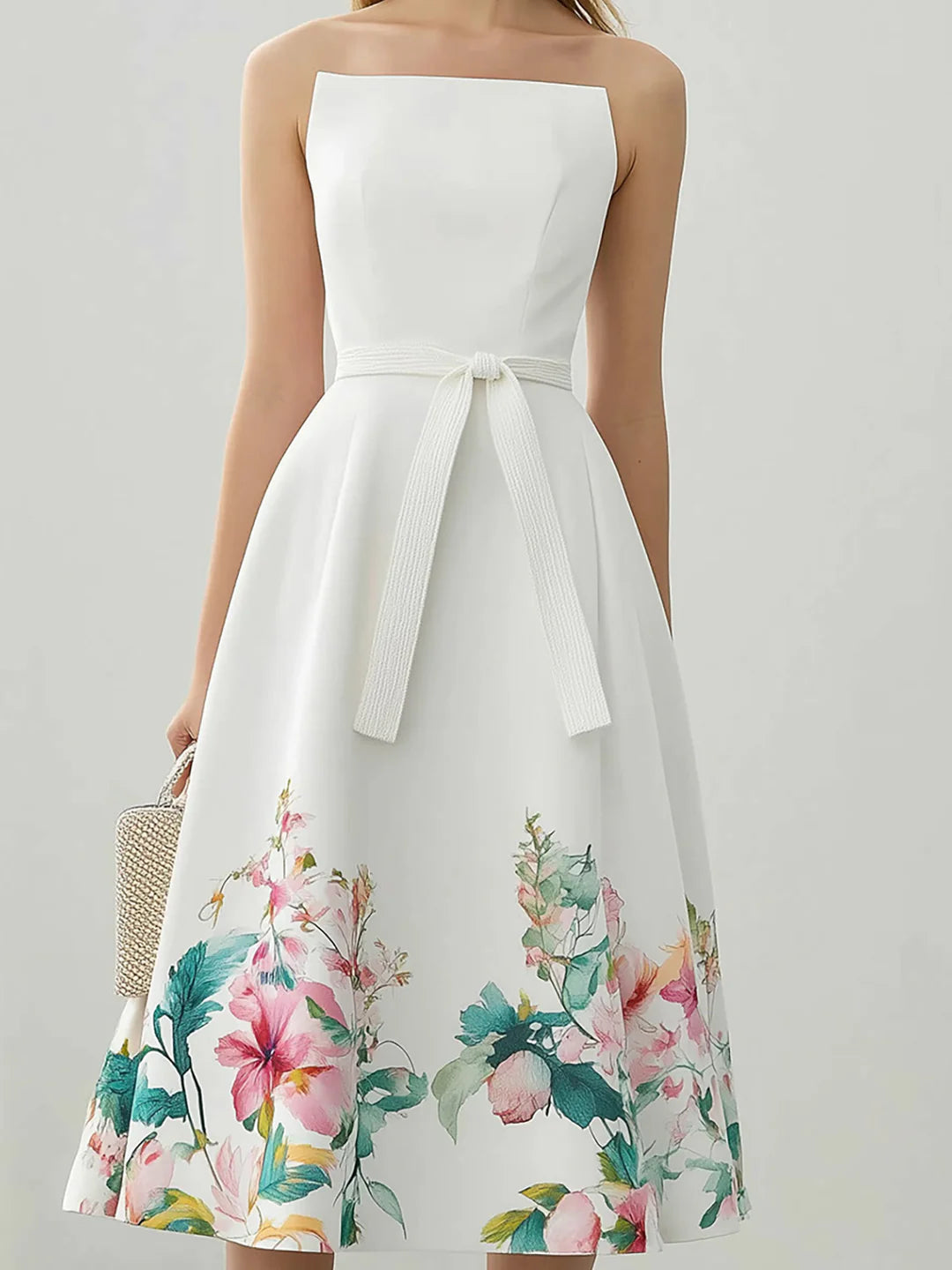 Şık Çiçekli Saten Midi Elbise ve Kemer