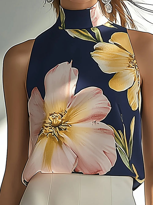 Çiçekli Lacivert Saten Kolsuz Üst