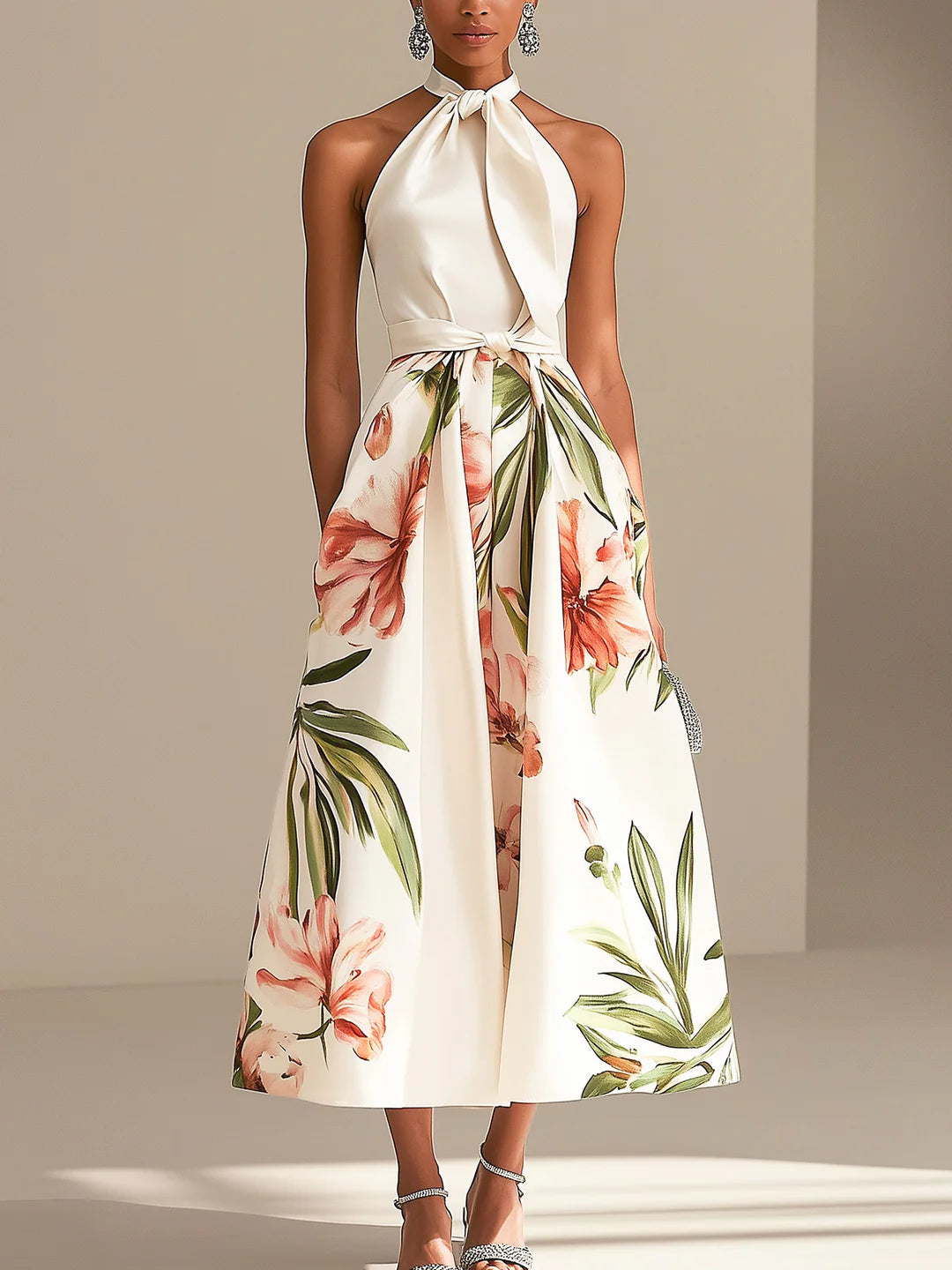 Fildişi Saten Şık Halter Yaka Çiçekli Midi Elbise