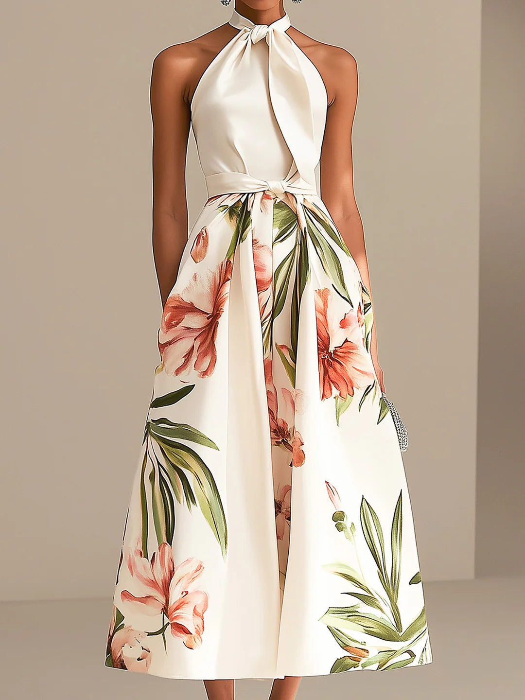 Fildişi Saten Şık Halter Yaka Çiçekli Midi Elbise
