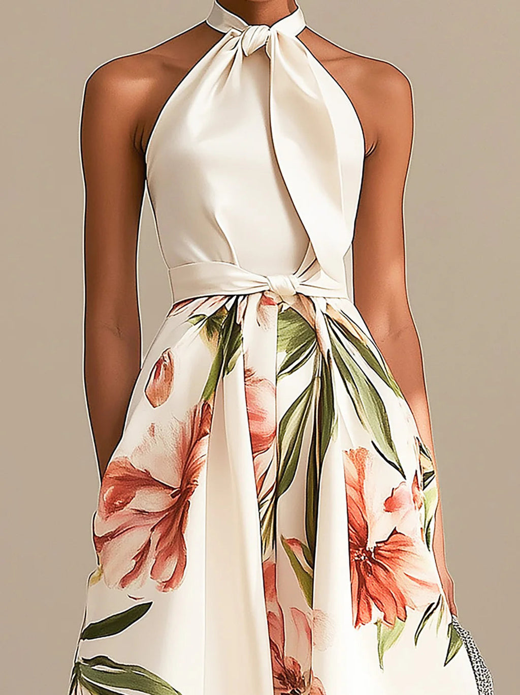 Fildişi Saten Şık Halter Yaka Çiçekli Midi Elbise